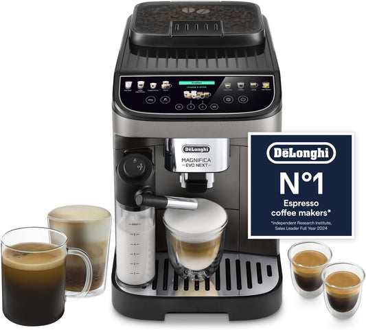 De'Longhi Magnifica Evo Next ECAM312.80.TB, Automatic Coffee Machine With Automatic Milk Frother, Bean To Cup Coffee and Cappuccino Machine with Intuitive Touch Display, Black/Titanium