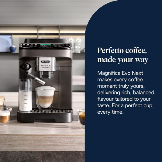 De'Longhi Magnifica Evo Next ECAM312.80.TB, Automatic Coffee Machine With Automatic Milk Frother, Bean To Cup Coffee and Cappuccino Machine with Intuitive Touch Display, Black/Titanium