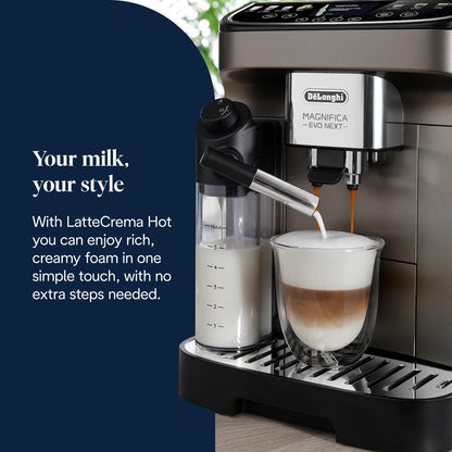 De'Longhi Magnifica Evo Next ECAM312.80.TB, Automatic Coffee Machine With Automatic Milk Frother, Bean To Cup Coffee and Cappuccino Machine with Intuitive Touch Display, Black/Titanium